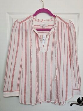 NWT LOFT Red and Ivory Striped Ruffle Tie Neck Blouse Small